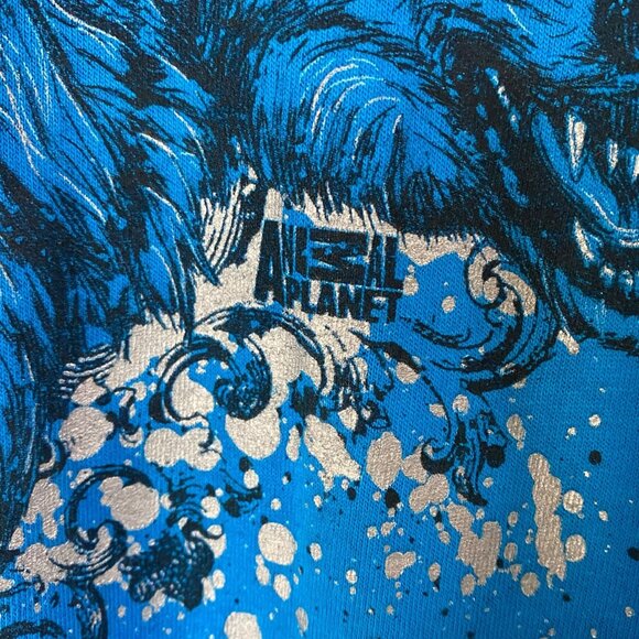 Y2K Animal Planet Wolf Pack S/S T-Shirt Men's Large Blue Metallic Splatter Tee - Picture 7 of 11